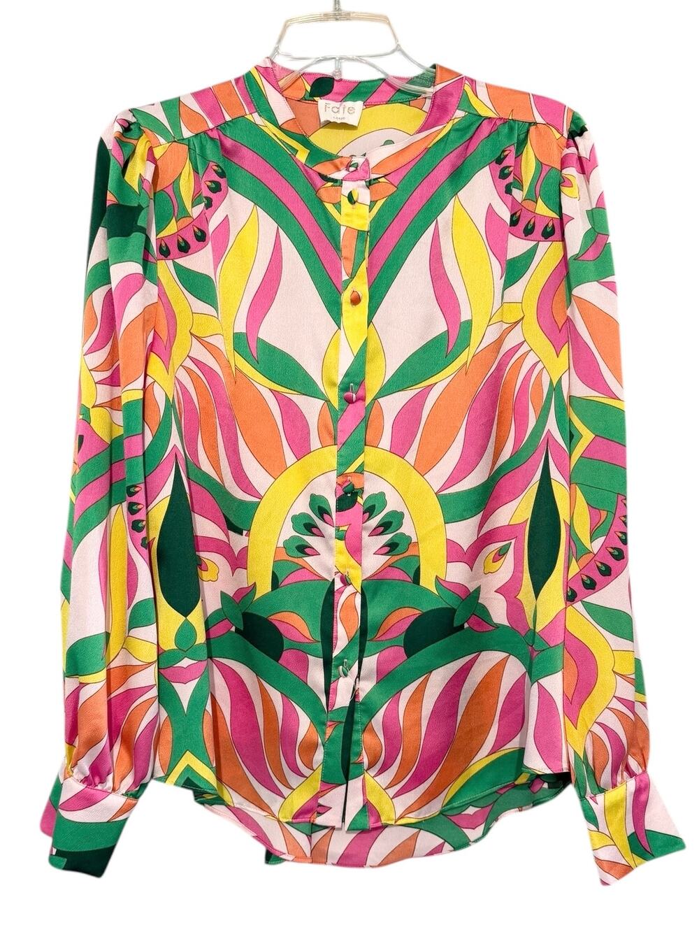 Fate Multicolor Geometric Mod Retro Abstract Colorful Silky Blouse size L NWT